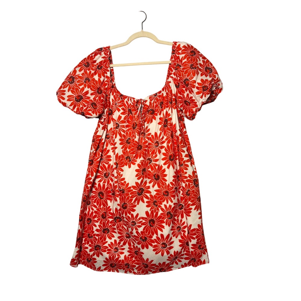Mango MNG Floral Dress 10 Red Puff Sleeve Cottagecore Boho Milk Maid Peasant